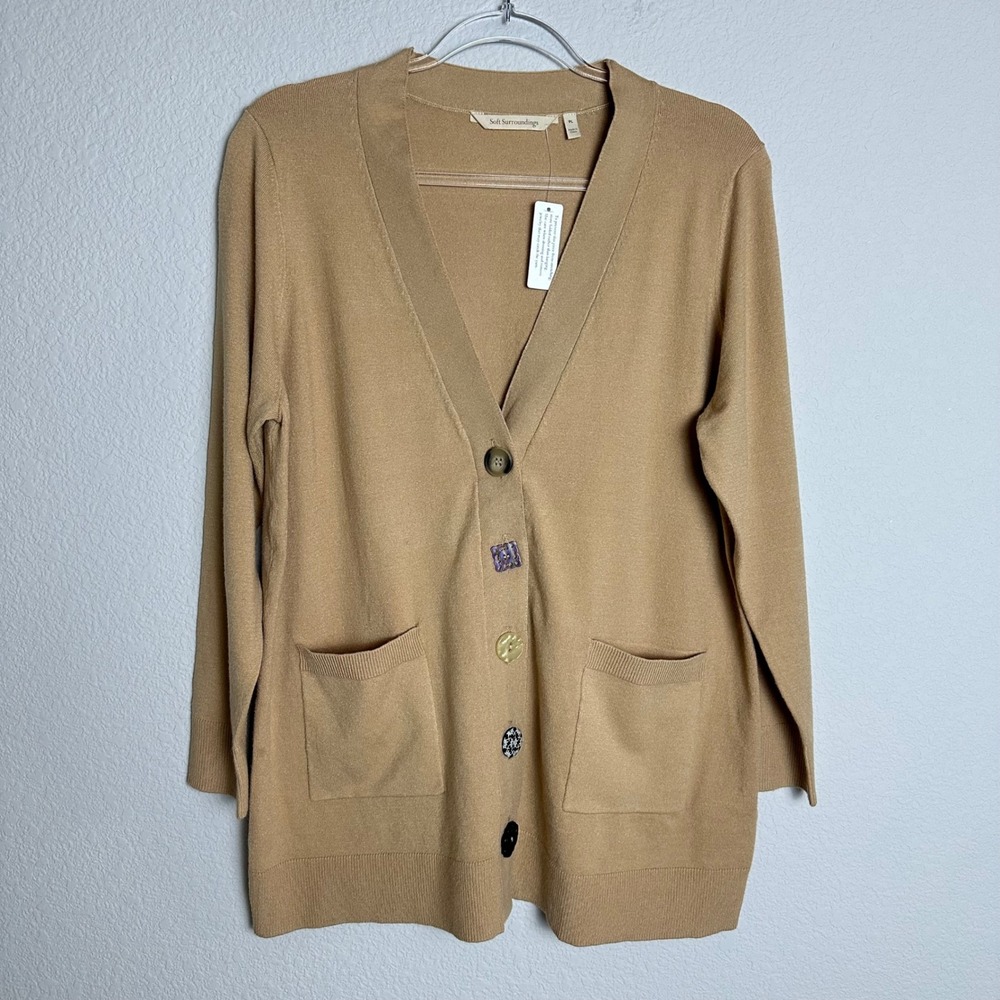 NEW Soft Surroundings Tan Mismatched Button V-Neck Cardigan Sweater Petite Large